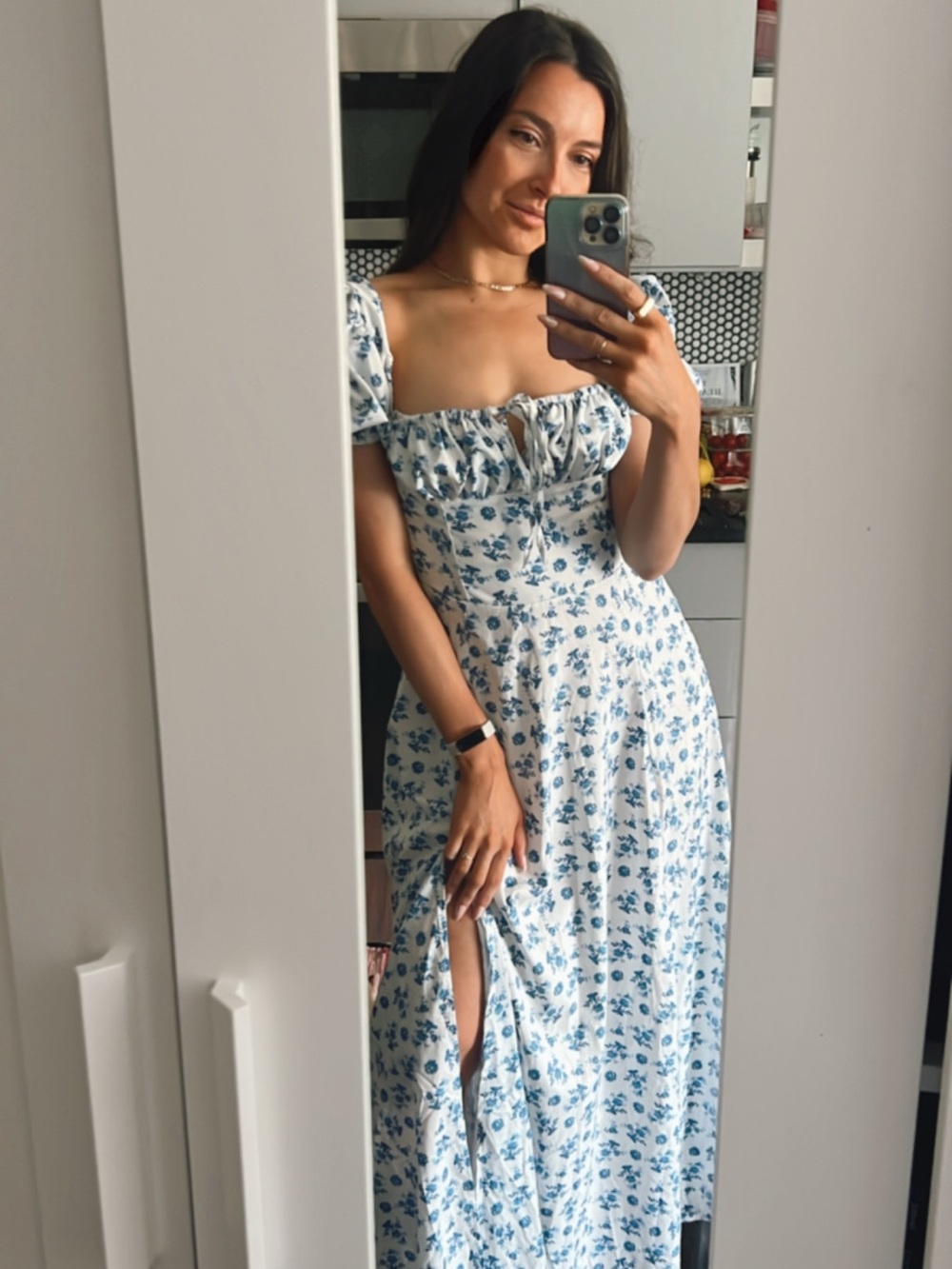 Blue Floral Puff-Sleeve Maxi Dress - Women